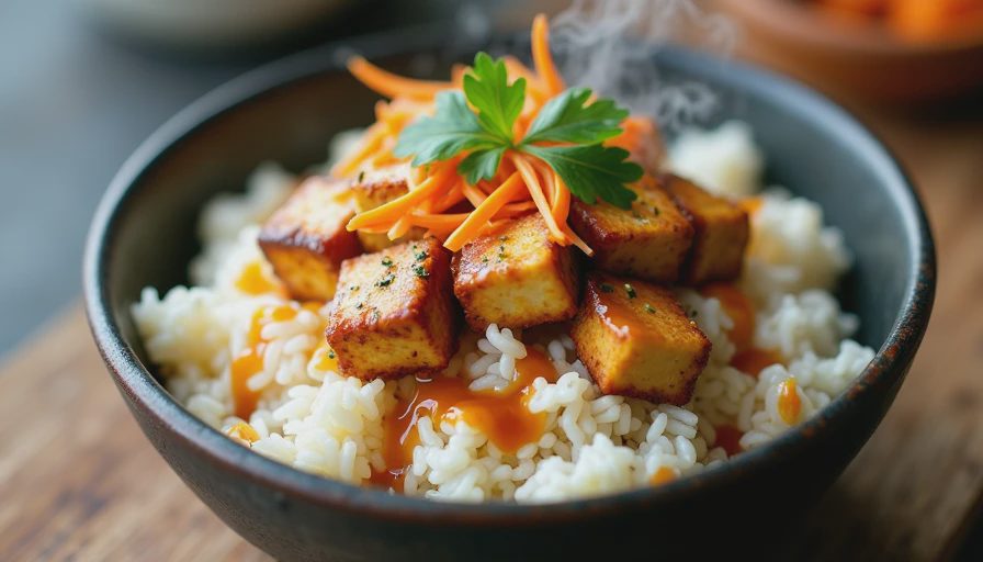 A colorful rice bowl topped with crispy roasted tofu, rich peanut sauce, shredded cucumber, carrots, and herbs in a dark ceramic bowl.