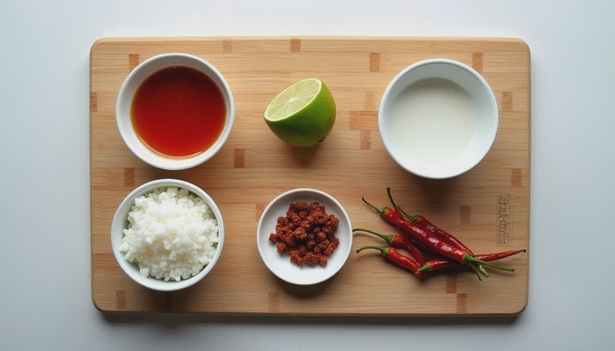 Pantry system ingredients arranged in categories including fish sauce, lime, coconut milk, chili, and rice on a wooden countertop.
