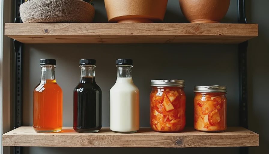 A wooden kitchen shelf neatly organized with fermented pantry staples including fish sauce, soy sauce, miso, and pickled vegetables.