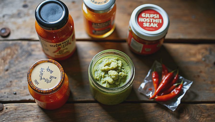 A collection of unique international spices, pastes, and jars brought home from travels displayed neatly on a wooden table.