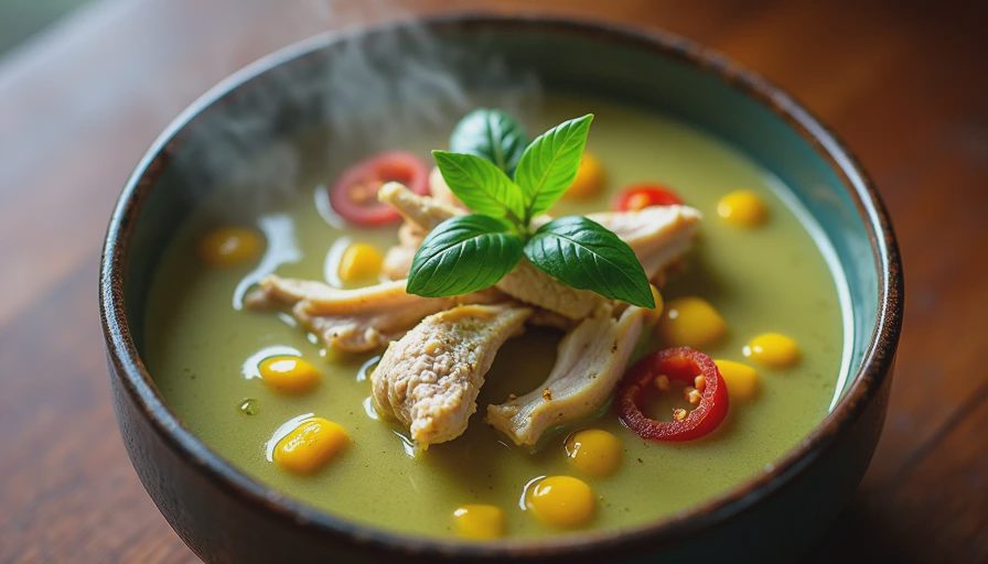 A bowl of creamy Thai green curry with chicken, sweet corn, and bell peppers topped with fresh basil leaves.