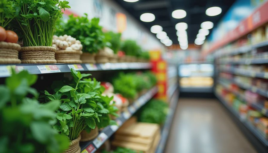 Fresh herbs, Asian vegetables, and tofu neatly displayed on shelves in an H-Mart grocery store aisle.