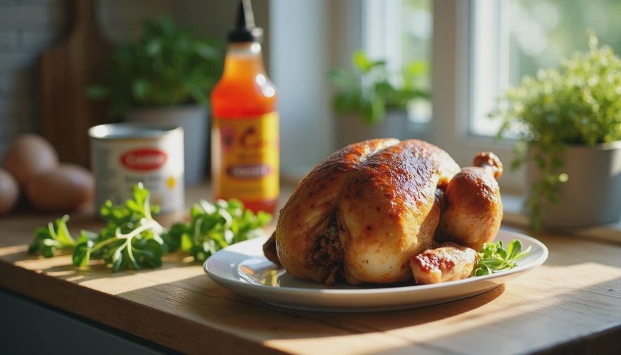 A realistic, cozy home kitchen counter featuring everyday weeknight cooking ingredients like fish sauce and fresh herbs.