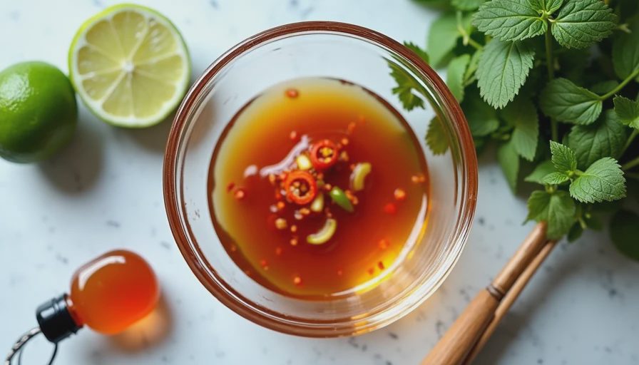 A small glass bowl of amber-colored Asian-style dressing with lime, fish sauce, garlic, and sliced chili on a wooden surface.