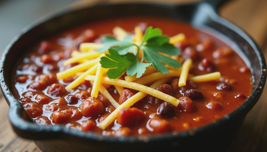 A rustic cast iron pot filled with rich, hearty beef chili topped with cheese and herbs for a cozy weeknight dinner.