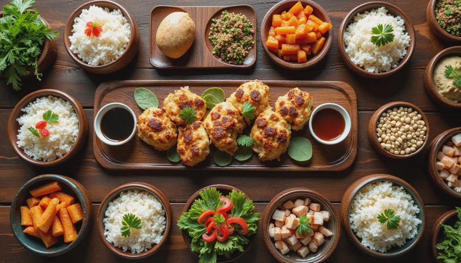 An organized assembly line of rice bowl components including rice, sliced protein, roasted vegetables, sauces, and toppings on a wooden table.