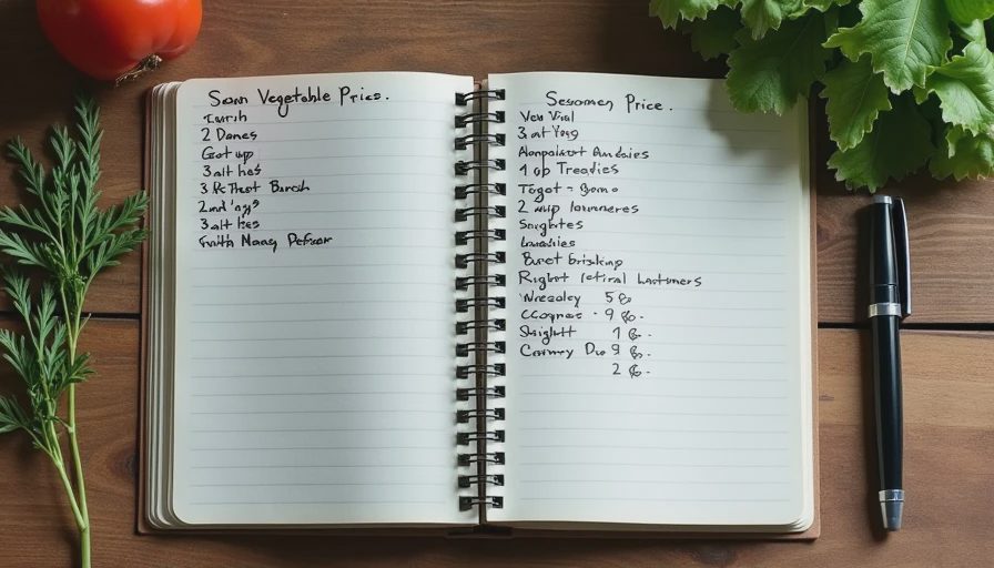An open spiral notebook with handwritten grocery prices and dates, a pen, and fresh herbs on a wooden table.