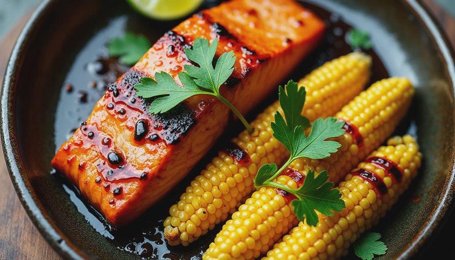 Oven-roasted miso-glazed salmon and charred sweet corn on a baking sheet, garnished with cilantro and lime wedges.