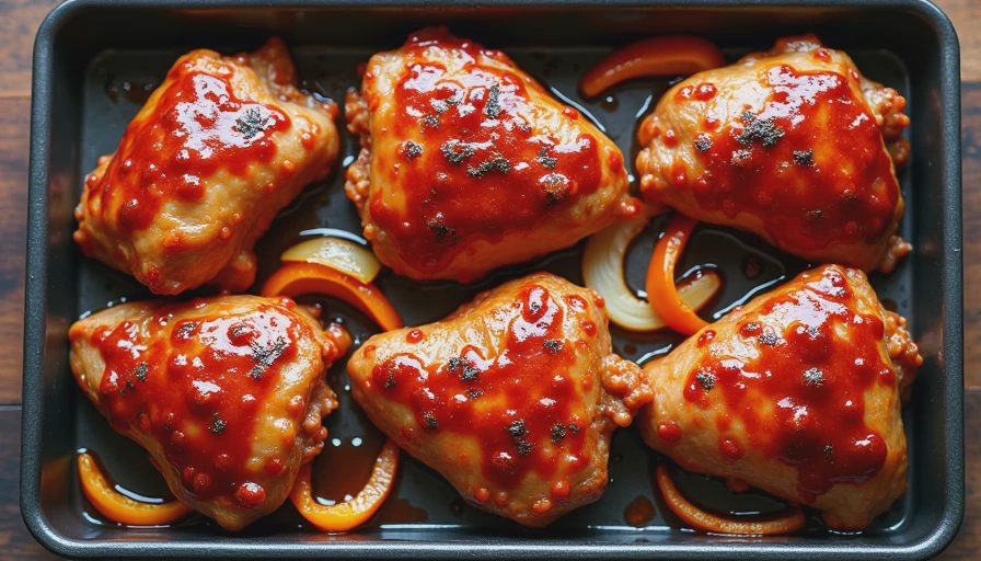 Roasted chicken thighs coated in gochujang sauce with caramelized vegetables on a sheet pan for a weeknight dinner.
