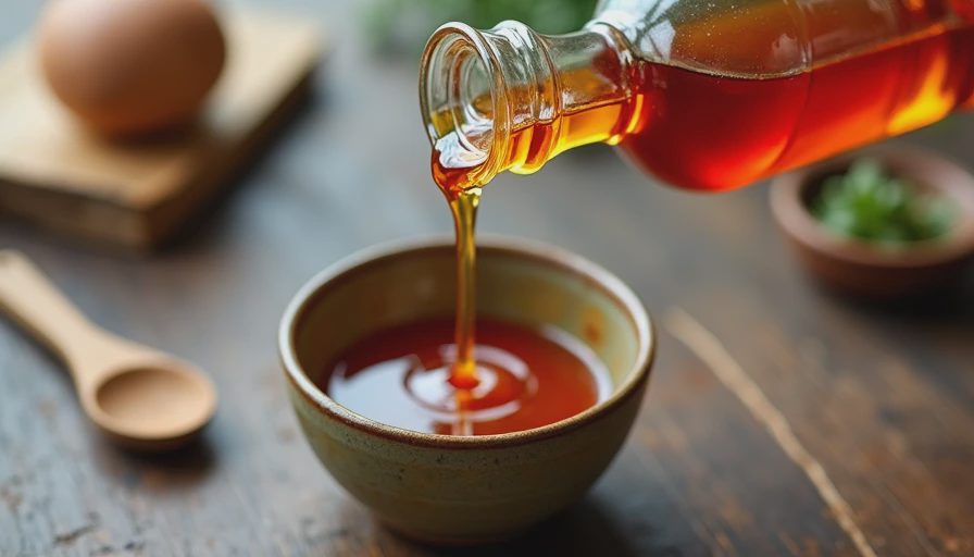 Pouring amber-colored fish sauce into a rustic ceramic bowl on a wooden kitchen counter, macro photography.