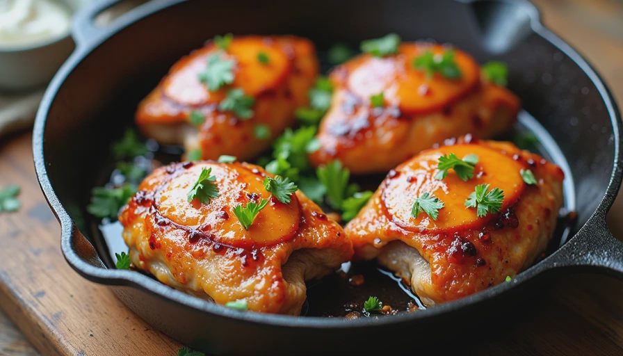 Oven-roasted chicken thighs glazed in a sticky, glossy peach sauce, garnished with herbs on a cast-iron pan.