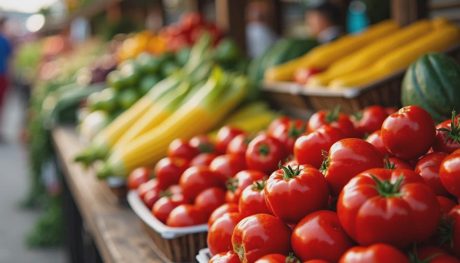 A vibrant produce stall at Canino's Farmers Market filled with fresh seasonal tomatoes, corn, and tropical fruits.