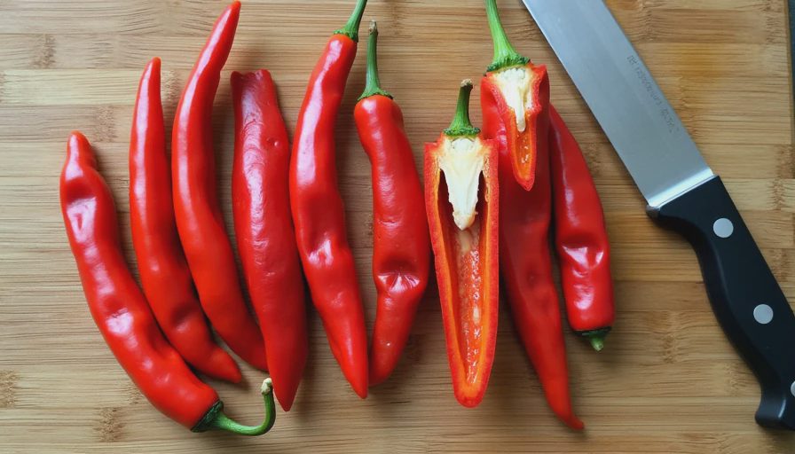 Fresh red chilies cut open with seeds and white ribs carefully removed on a wooden cutting board.