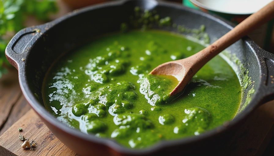 Thai green curry paste frying in a pan with oil, releasing fragrant aromas for a home-cooked recipe.