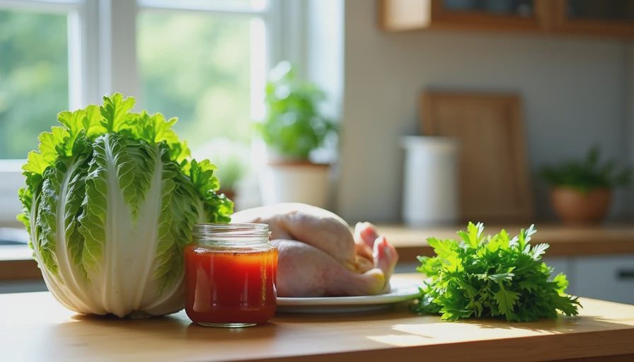 A whole chicken, a head of Napa cabbage, gochujang, and perilla leaves neatly arranged on a kitchen counter for a weekly grocery framework.