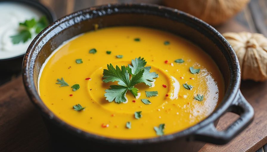 A rustic pot of curry with coconut milk simmering, accompanied by a small bowl of yogurt on a wooden kitchen counter.