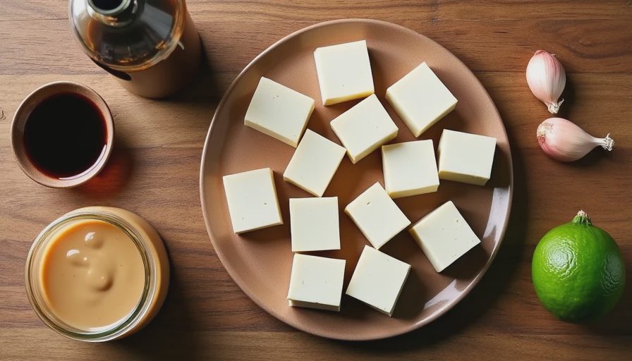 Extra-firm tofu cut into cubes on a wooden cutting board, accompanied by peanut butter, soy sauce, and lime, ready for cooking.