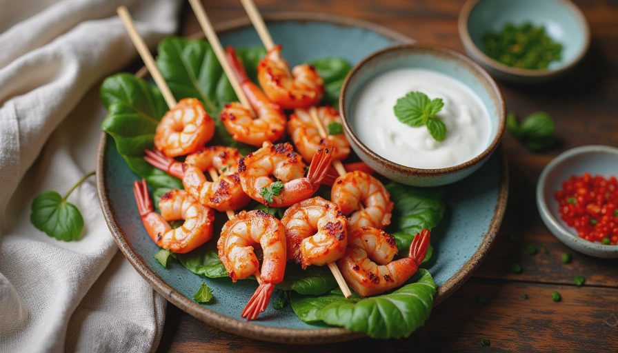 Grilled shrimp skewers served with a cooling yogurt dip and lime-chili salt on a rustic wooden table.