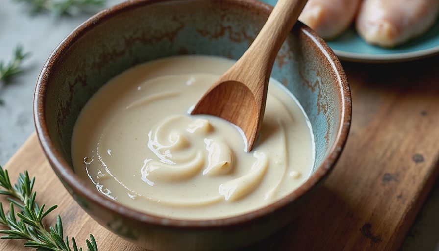 A rustic ceramic bowl of miso-yogurt marinade next to raw chicken thighs on a wooden kitchen counter.