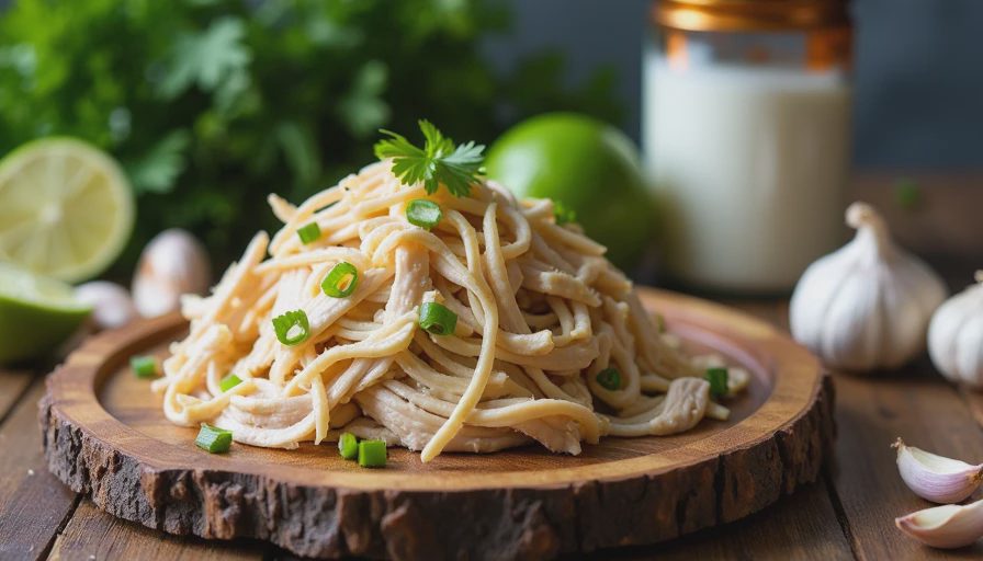 Shredded rotisserie chicken, full-fat coconut milk, garlic, and lime on a wooden cutting board ready for a weeknight recipe.