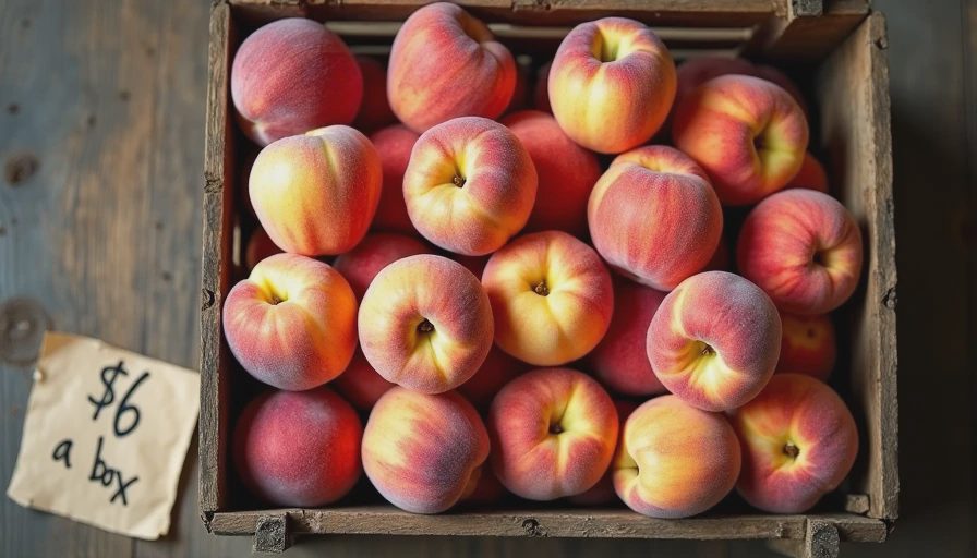 A rustic wooden box filled with fresh, ripe peaches with red and yellow gradients from a farmers market.