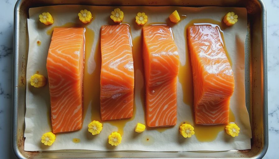 Salmon fillets brushed with miso glaze and fresh corn rounds arranged on a baking sheet, ready for roasting.