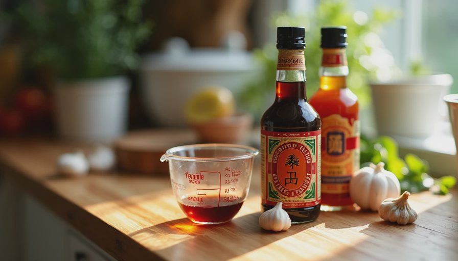 A bottle of soy sauce, Worcestershire sauce, and a measuring glass on a wooden kitchen counter for everyday ingredient substitution.