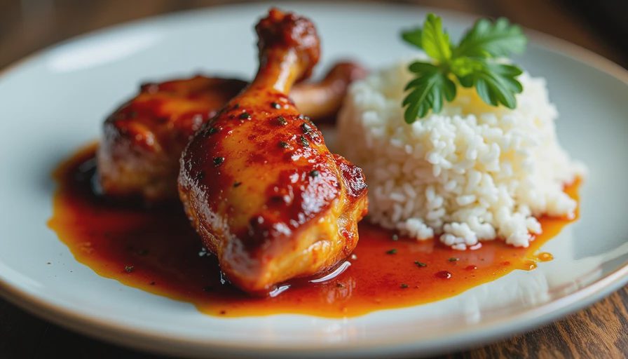 Tamarind-glazed chicken thighs served with fluffy coconut rice on a plate for a dinner party main dish.