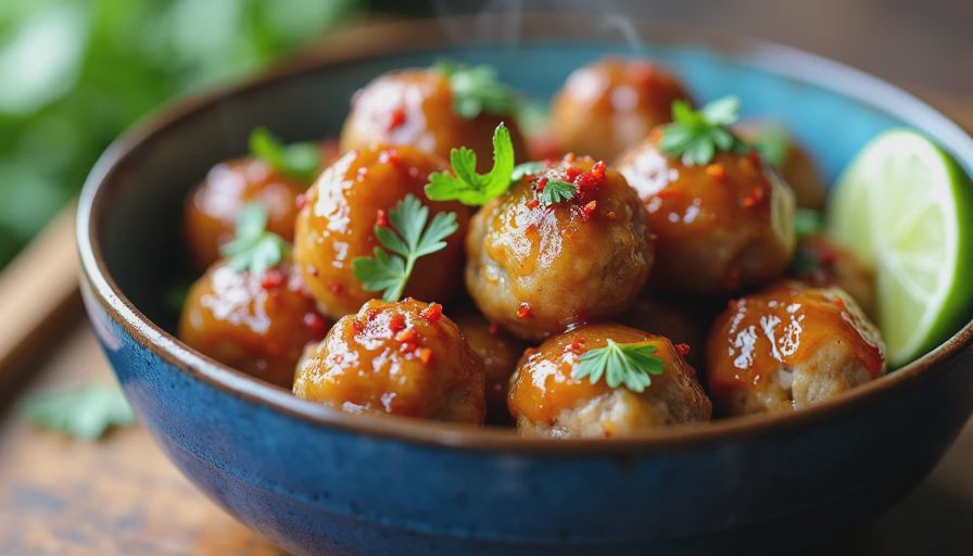 A rustic ceramic bowl filled with ginger-lime turkey meatballs in a savory sauce, garnished with cilantro, chili, and lime.