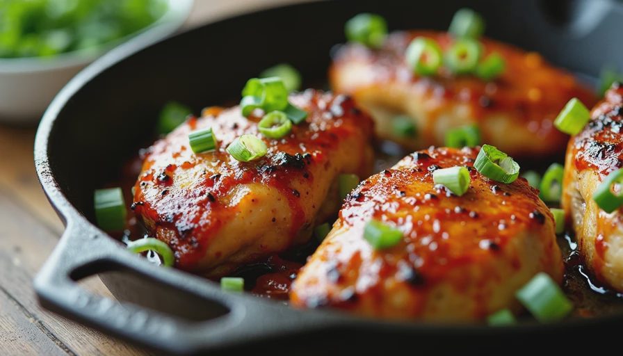 Oven-roasted chicken thighs glazed in a sticky, glossy tamarind sauce, garnished with scallions and cilantro on a cast-iron skillet.
