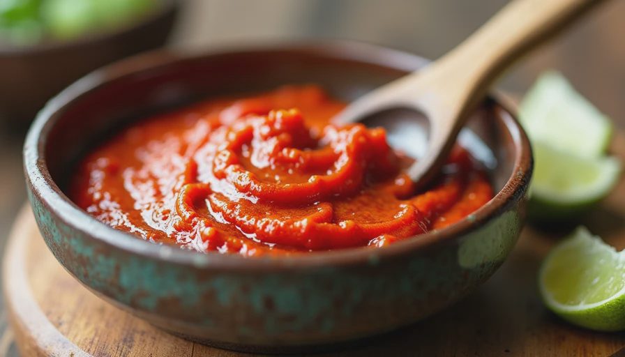 A rustic ceramic bowl of gochujang paste with a wooden spoon on a wooden kitchen table, highlighting global pantry staples.