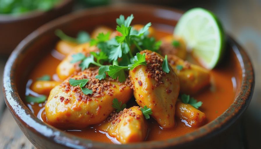 A ceramic bowl of coconut braised chicken topped with fresh cilantro and lime wedges, served for an easy weeknight dinner.