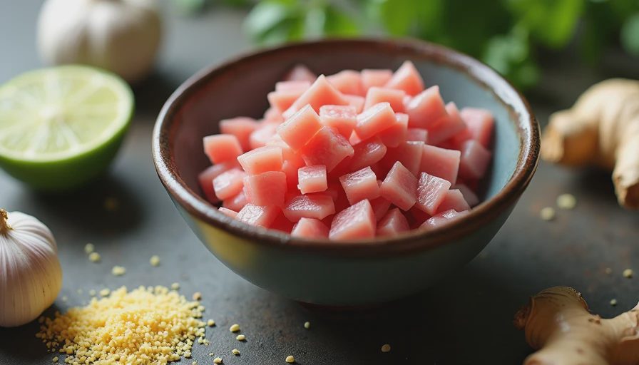 Raw ground turkey, fresh ginger, garlic, a lime, and panko breadcrumbs arranged on a wooden counter, ready for cooking.