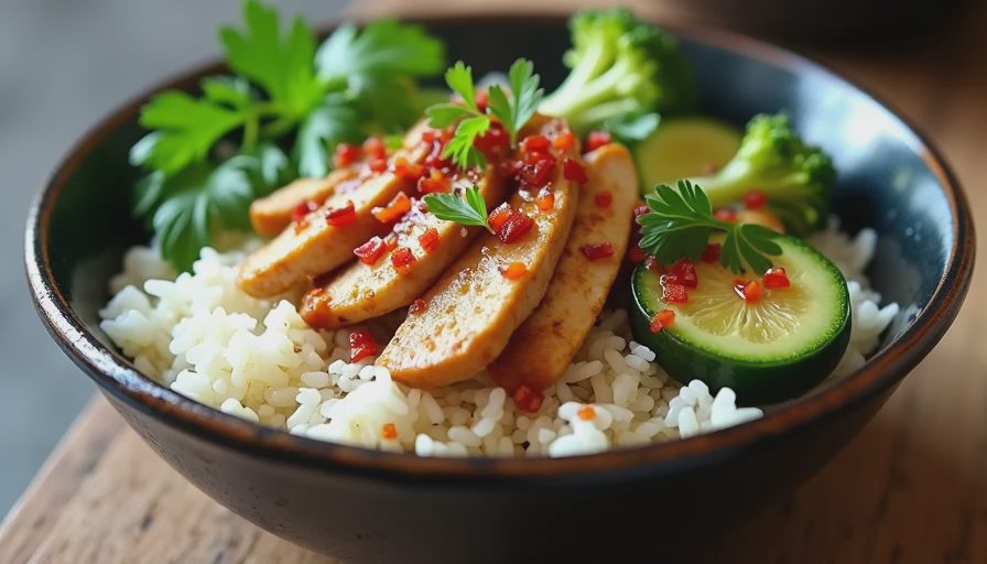 A colorful, customized rice bowl filled with jasmine rice, chicken, roasted vegetables, and fresh toppings in a dark ceramic bowl.