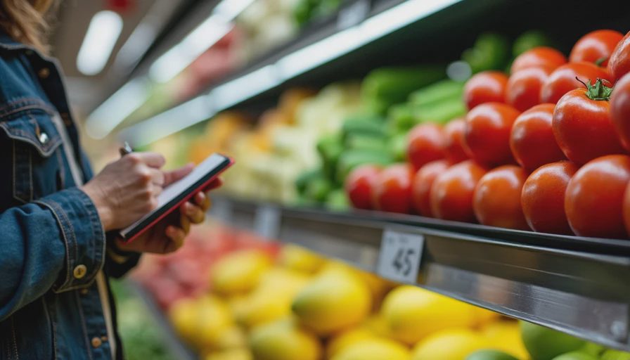 A shopper holding a small notebook comparing prices near a fresh produce display in a grocery store aisle.
