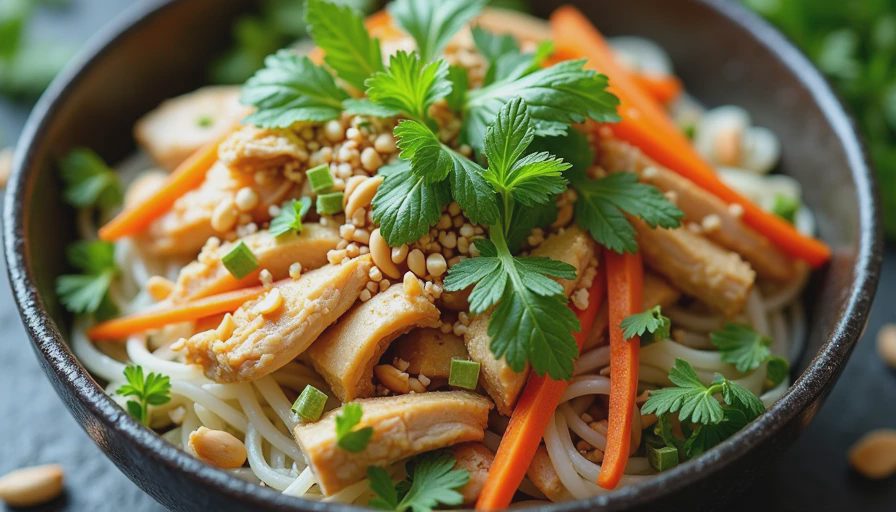 A refreshing cold rice noodle salad with shredded chicken, crisp herbs, and crushed peanuts in a dark ceramic bowl.