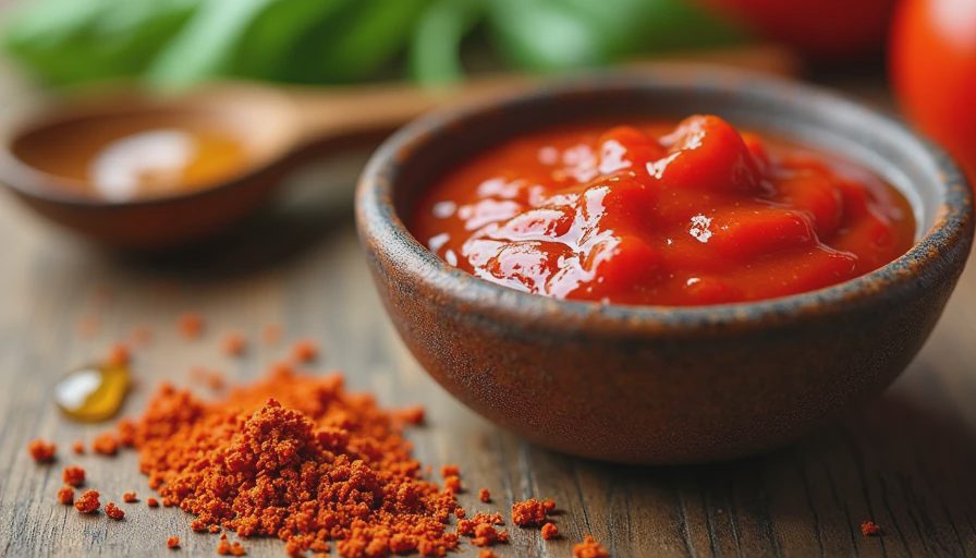 A rustic ceramic bowl of tomato paste with chili flakes, honey, and a wooden spoon on a kitchen table.