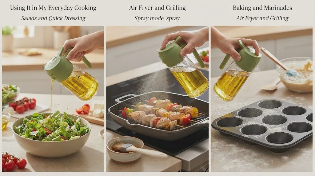 A green-lidded glass oil sprayer is shown in three distinct kitchen uses: pouring over salad, grilling skewers, and misting a muffin tin.