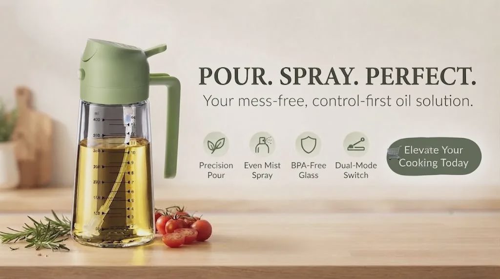 Promotional banner for a green-lidded glass oil dispenser, with text "POUR. SPRAY. PERFECT. Your mess-free, control-first oil solution" and product icons.