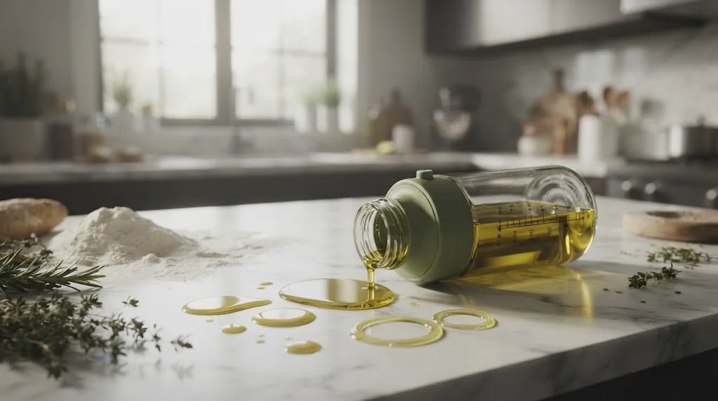 A documentary-style editorial photo of a tipped-over green oil dispenser spilling golden olive oil across a messy white marble kitchen countertop.