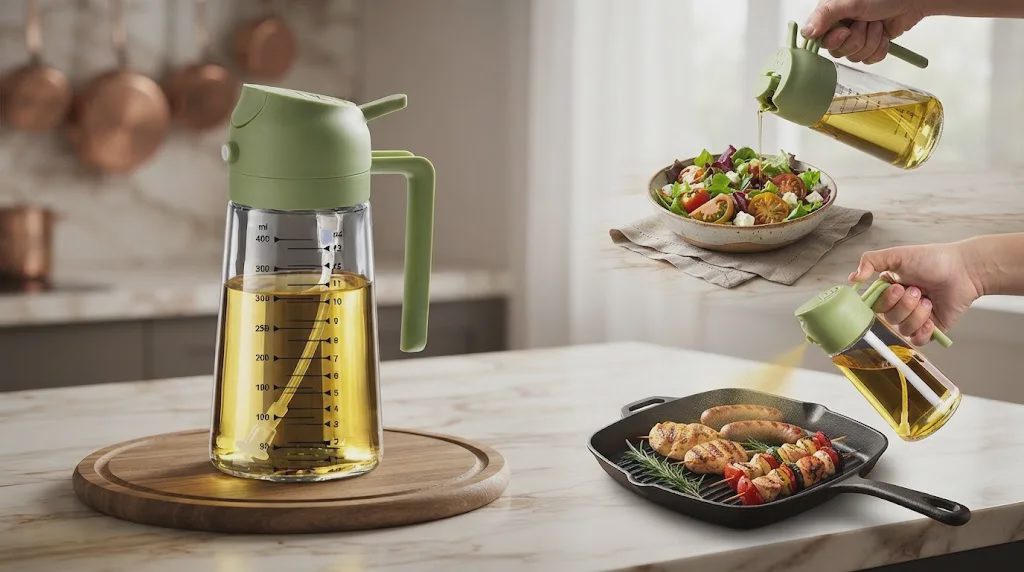 A professional studio shot featuring a main oil dispenser, with separate insets showing hands pouring onto salad and grilling skewers.
