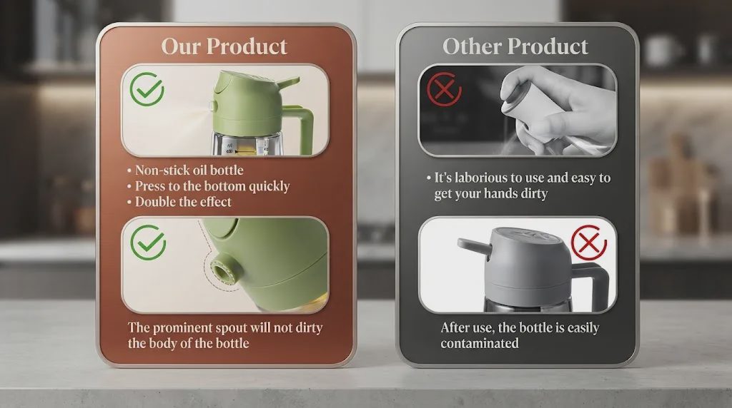 Comparison infographic contrasting the clean design of the advertised oil bottle with a standard messy competitor bottle.