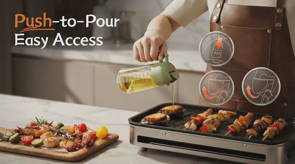Promotional lifestyle image featuring a person pouring oil from a branded 2-in-1 glass sprayer onto an electric grill filled with shrimp and vegetable skewers.