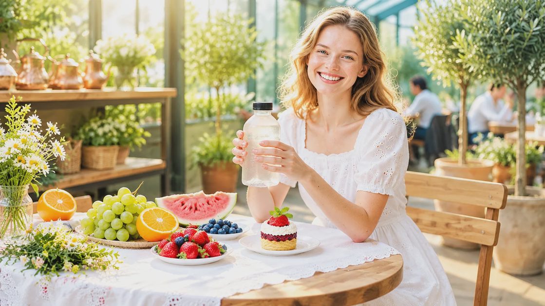 A smiling woman in a white dress sitting at a round table with fresh fruit and juice in a bright, sunlit conservatory.