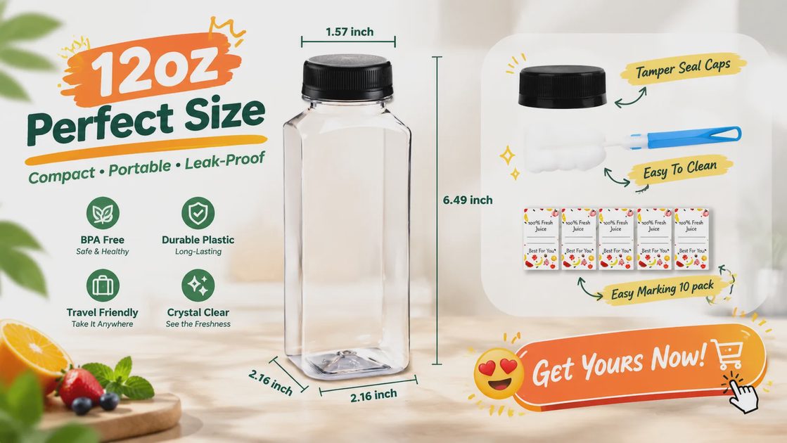 Marketing image for 12 oz plastic juice bottles featuring a call-to-action to get yours now.