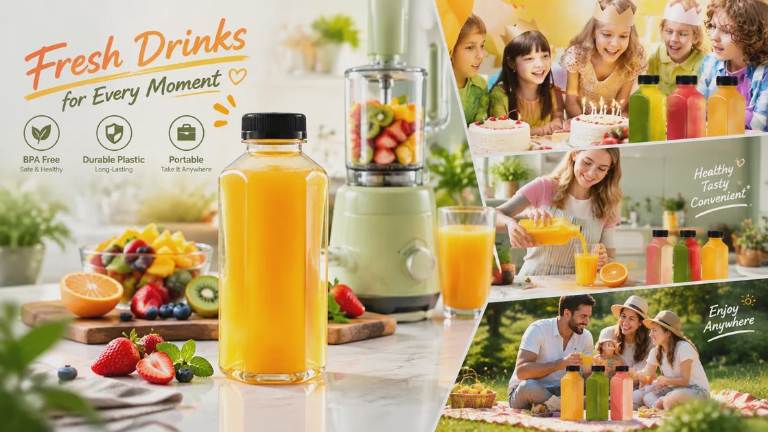 An advertising collage shows a blender, fresh fruit, a square orange juice bottle, children at a birthday party, and a family picnicking.