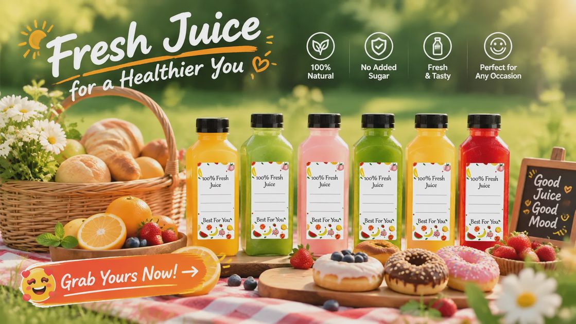 An advertising photo for 'Fresh Juice', showing six bottles of colorful juice, fruit, donuts, and a picnic basket on a picnic blanket.