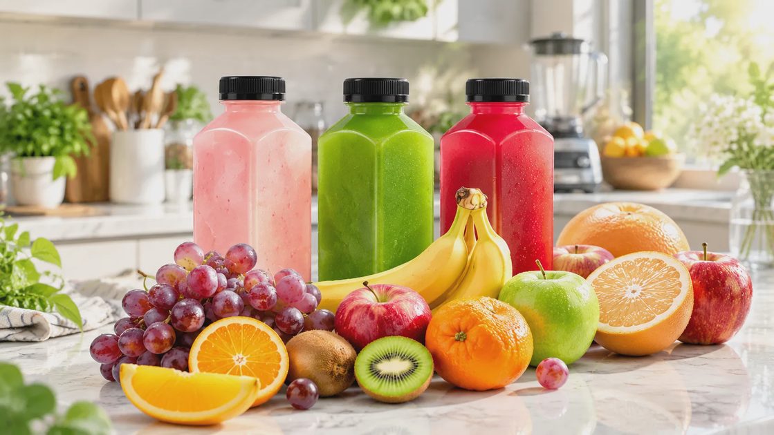 Three square plastic bottles of pink, green, and red smoothies stand on a counter, surrounded by grapes, bananas, kiwis, apples, and oranges.