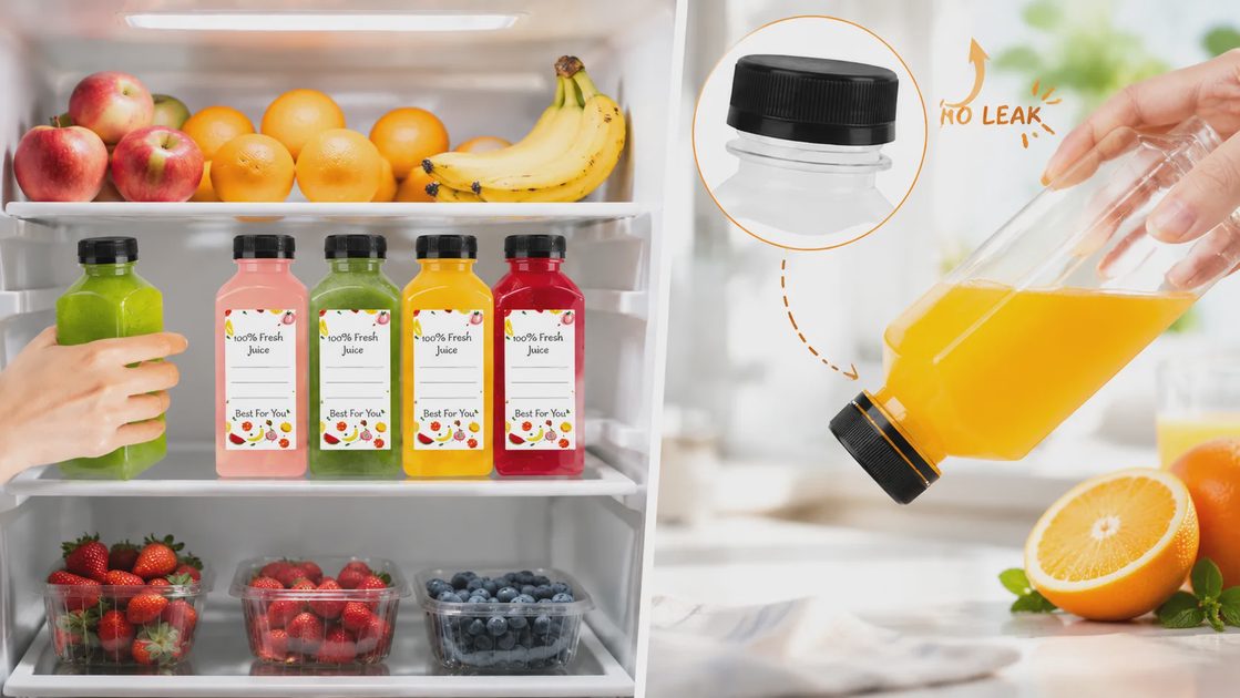 A split-screen image; left side shows a stocked fridge with fresh fruit and bottles of juice, right side shows a hand holding an inverted juice bottle.